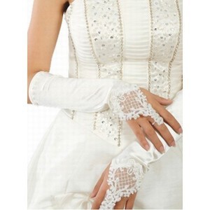 Taft Perlenstickerei Weiß Elegant Brauthandschuhe