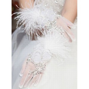 Organza Mit Kristall Weiß Luxuriös Brauthandschuhe