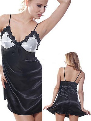 Sexy Satin Schwarz V-Ausschnitt Weiß Babydoll