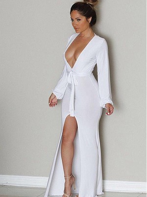 Kleid V-Ausschnitt Vorderseite Weiß Jersey Maxi Club Kleider