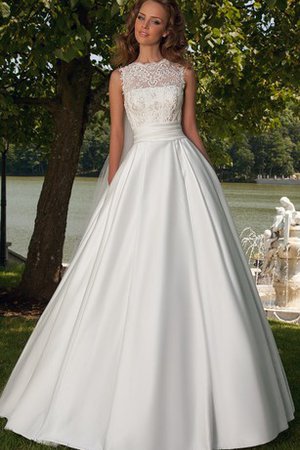 Juwel Ausschnitt Luxus Bodenlanges Brautkleid aus Satin mit Rücken Schnürung