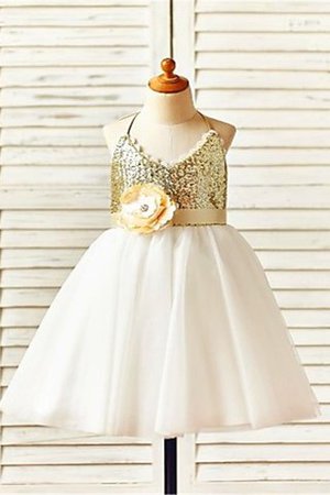 A-Linie Prinzessin Paillettenbesetztes Ärmelloses Blumenmädchenkleid mit Blume