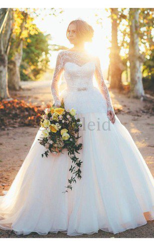 Spitze Zeitloses Reißverschluss Lange Ärmeln Brautkleid mit Gericht Schleppe