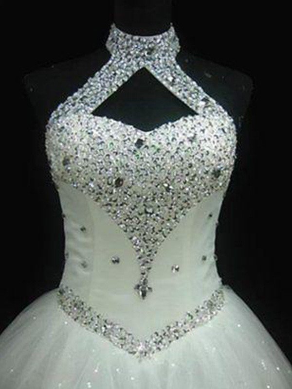 Tüll Paillette Nackenband Süß Bodenlanges Brautkleid mit Perlen
