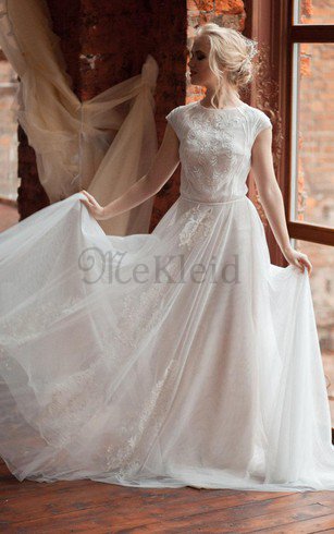 Tüll A-Line Plissiertes Brautkleid mit Knöpfen mit Gekappten Ärmeln