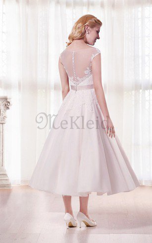 V-Ausschnitt Knöchellanges Luxus Brautkleid mit Knöpfen mit Gekappten Ärmeln