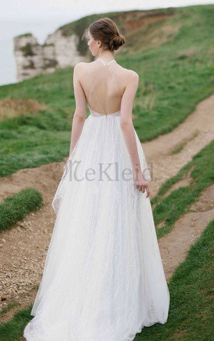 Beach Stil A-Line Hoher Ausschnitt Brautkleid mit Applike mit Perlen