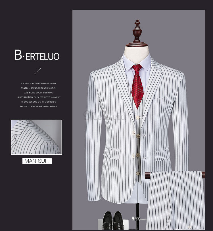Weiß 3 Stück Striped Print Anzug Business Herren Anzüge Blazer Bräutigam Smoking Anzug