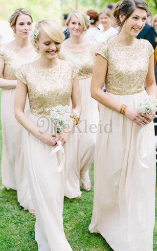 A-Linie Schaufel-Ausschnitt Chiffon Brautjungfernkleid mit Applike aus Spitze