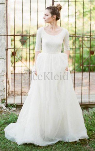 Spitze A-Line Plissiertes Brautkleid mit Reißverschluss mit Schaufel Ausschnitt