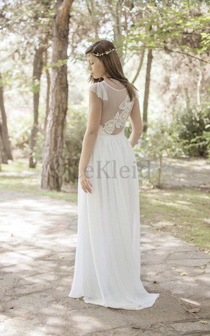 A-Line Spitze Plissiertes Juwel Ausschnitt Brautkleid mit Kurzen Ärmeln