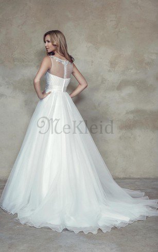 A-Line Schaufel-Ausschnitt Bodenlanges Brautkleid mit Natürlicher Taille mit Blume