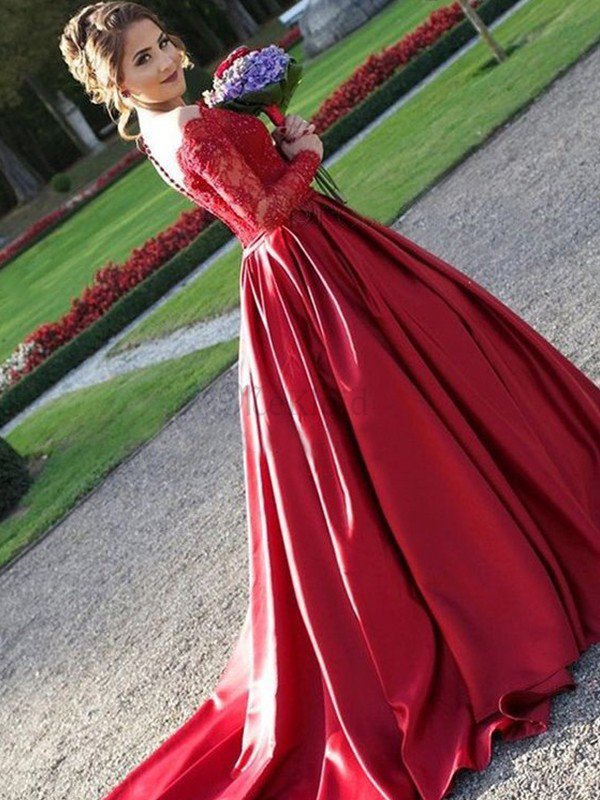 Prinzessin Sweep Zug A-Line Normale Taille Satin V-Ausschnitt Atemberaubend Abendkleid