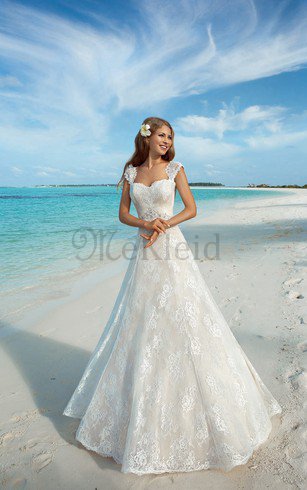 Quadrat Ausschnitt Romantisches Bodenlanges Brautkleid mit Gekappten Ärmeln mit Perlen