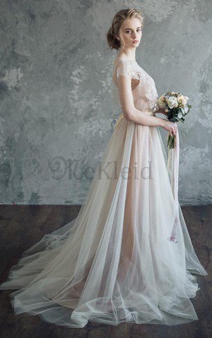 Klassisches Tüll V-Ausschnitt Sweep Zug Brautjungfernkleid mit Blume