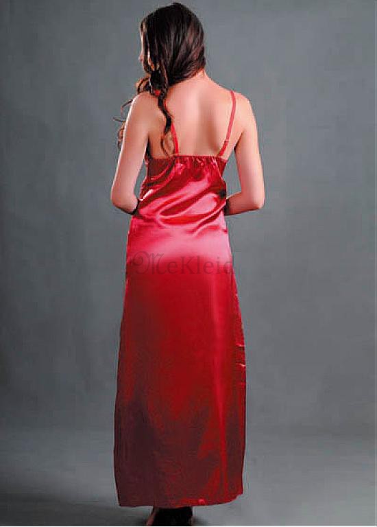 Lange Rot Kleid V-Ausschnitt Satin Elegant Babydoll
