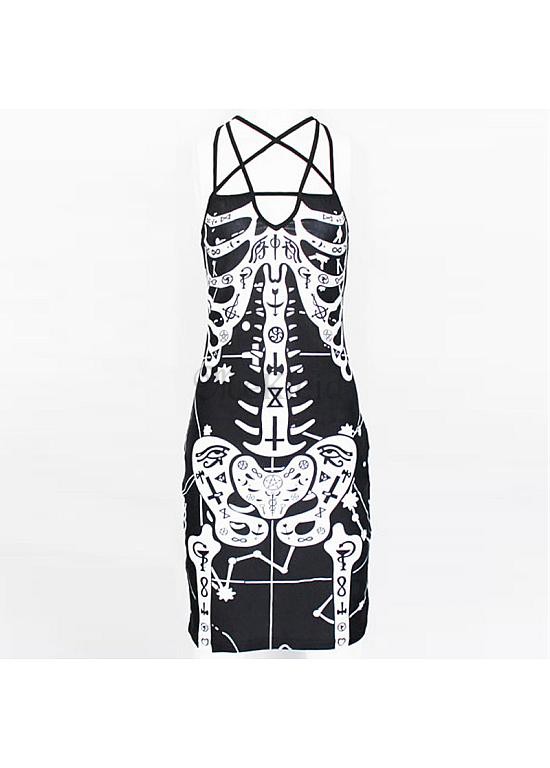 Knochen Spaghettibügel Drucken Ausschnitt Kleid Sexy Schwarz Weiß Club Kleider