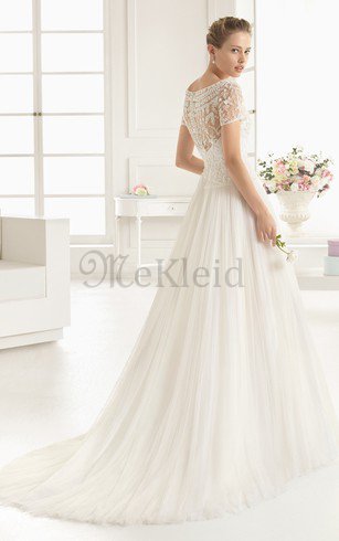 A-Linie Kurze Ärmeln Kurzes Brautkleid mit Schaufel Ausschnitt mit Plissierungen