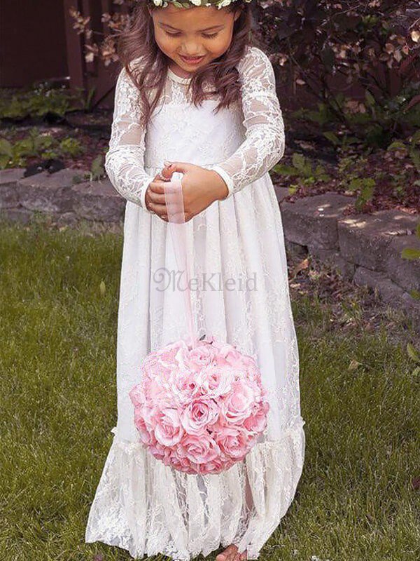 Prinzessin Juwel Ausschnitt Bodenlanges Blumenmädchenkleid mit Bordüre mit Blume