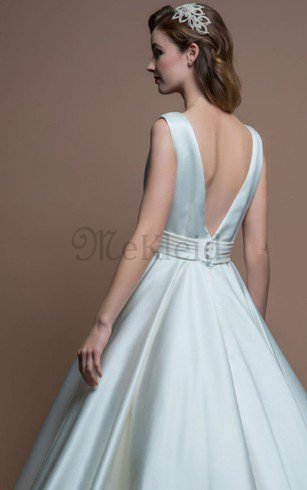 A-Line Plissiertes Satin Juwel Ausschnitt Wadenlanges Brautkleid