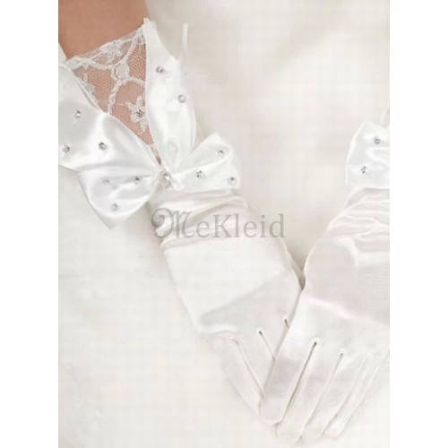Satin Mit Kristall Weiß Elegant|Bescheiden Brauthandschuhe