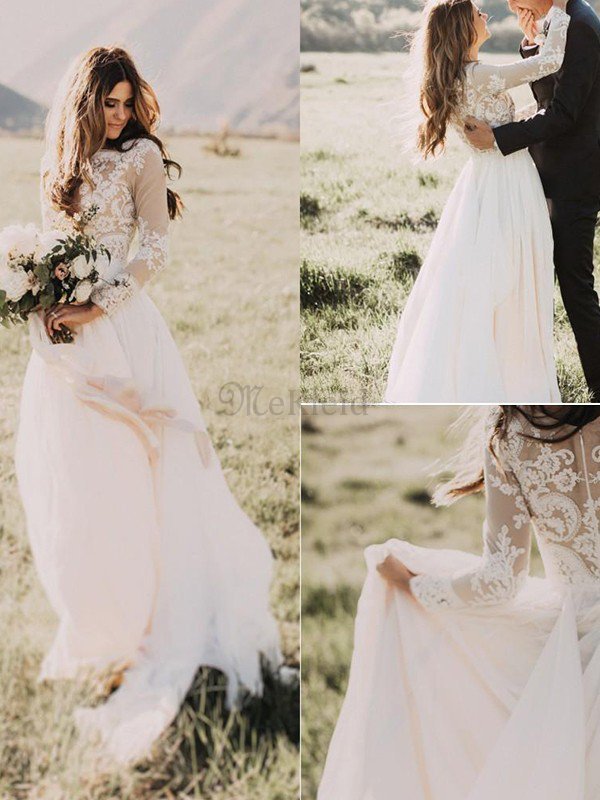 Prinzessin Funkelnd A-Line Langärmeliges Brautkleid aus Tüll mit Applike