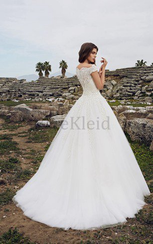 Reißverschluss Bodenlanges Romantisches Brautkleid mit Applike mit Plissierungen