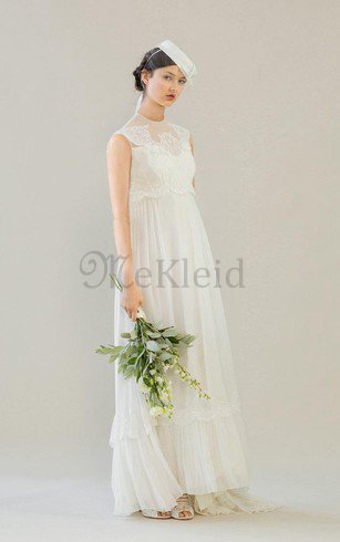Klassisches A-Linie Ärmellos Brautkleid mit Blume mit Hohem Kragen