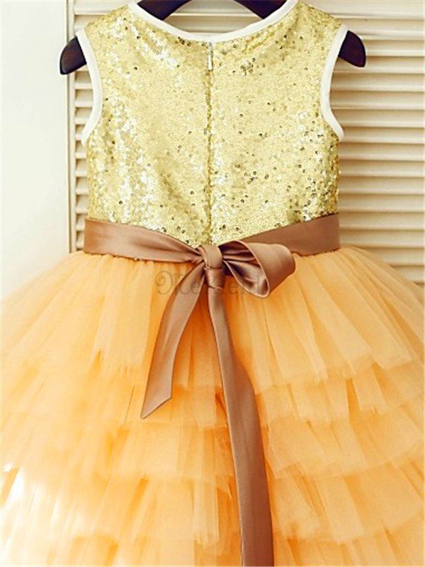 Paillette A-Linie Paillettenbesetztes Prinzessin Blumenmädchenkleid mit Blume
