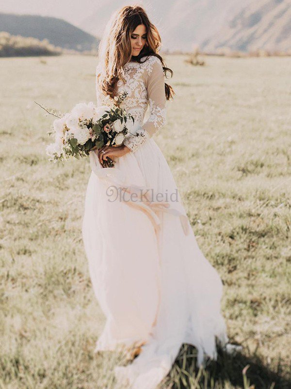 Prinzessin Funkelnd A-Line Langärmeliges Brautkleid aus Tüll mit Applike