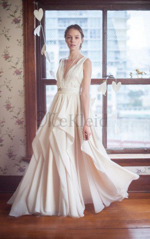 Sweep Zug Bodenlanges Elegantes Brautkleid mit Gürtel mit Schleife