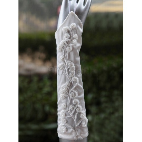 Taft Perlenstickerei Weiß Luxuriös Brauthandschuhe
