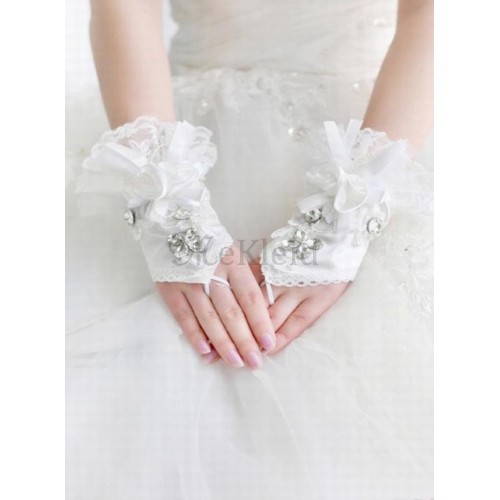 Spitze Mit Kristall Weiß Luxuriös Brauthandschuhe