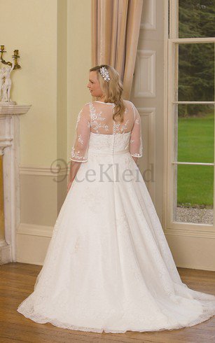 A-Line Plissiertes Spitze Brautkleid mit Knöpfen mit 3/4 Länge Ärmeln