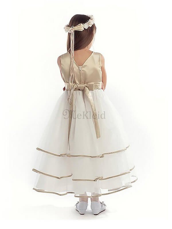 Prinzessin Tüll A-Linie Blumenmädchenkleid mit V-Ausschnitt mit Reißverschluss