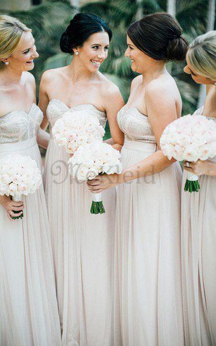 A-Line Perlenbesetztes Bodenlanges Sittsames Brautjungfernkleid mit Plissierungen