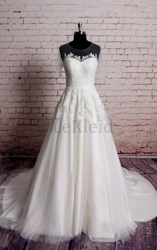 Juwel Ausschnitt Bodenlanges Kurzes Brautkleid ohne Ärmeln mit Applikation