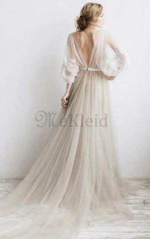 Langärmeliges Sweep Zug Bodenlanges Elegantes Brautkleid mit Blume