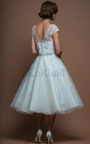 Klassisches Schaufel-Ausschnitt Wadenlanges Brautkleid mit Gürtel mit Gekappten Ärmeln