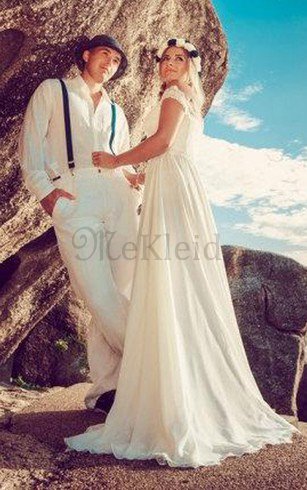 Chiffon Glamouröses Bodenlanges Informelles Brautkleid mit Vorne Schlitz