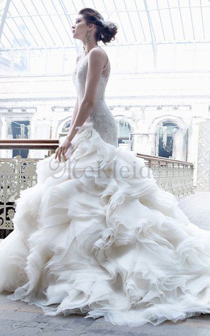 Ärmelloses Organza Elegantes Brautkleid aus Spitze mit Juwel Ausschnitt