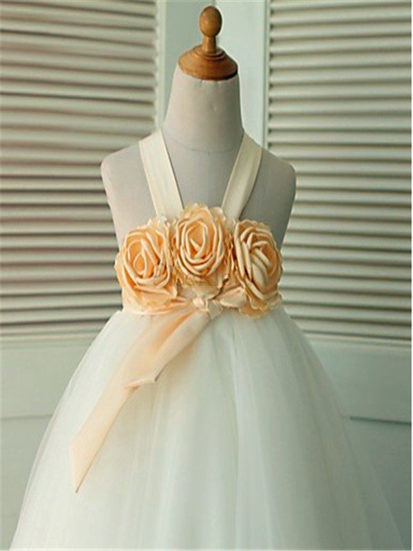 Duchesse-Linie Ärmellos Tüll Blumenmädchenkleid mit Breiter Träger mit Blume