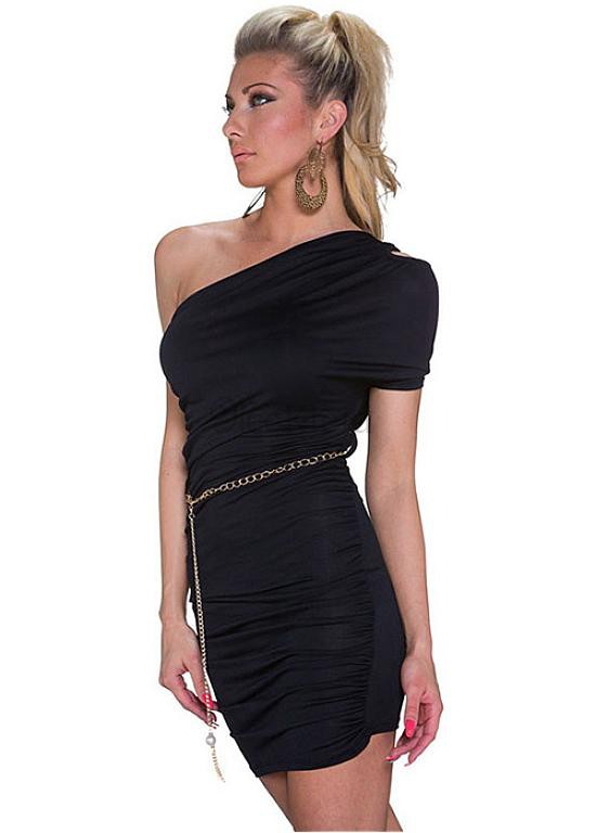 Eine Schulter Ausgeschnitten Schwarz Bodycon Kleid Plicated Club Kleider