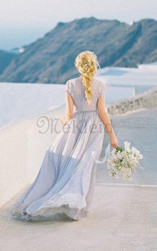 A-Line Kurze Ärmeln Bodenlanges Brautjungfernkleid mit Blume mit Knöpfen
