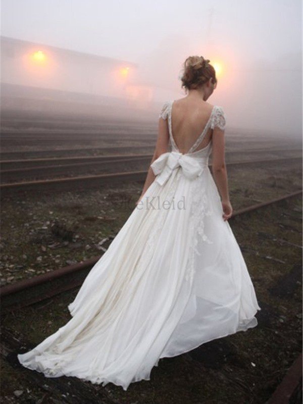 Normale Taille V-Ausschnitt Bodenlanges Brautkleid aus Chiffon mit Bordüre