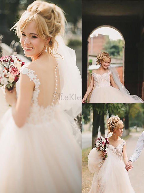 Prinzessin Natürliche Taile A-Line Brautkleid aus Tüll mit Schaufel Ausschnitt