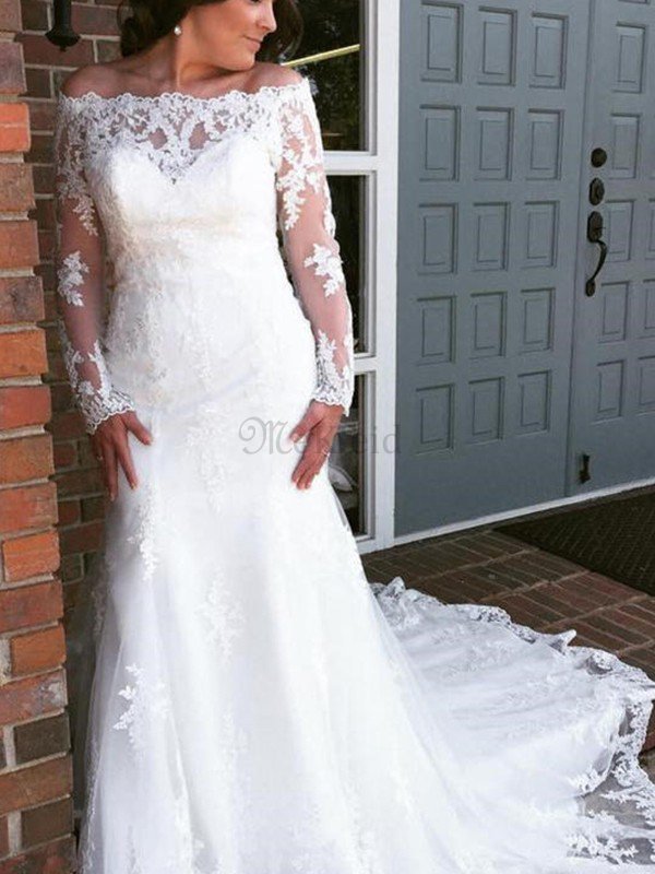 Schulterfrei Meerjungfrau Atemberaubend Langärmeliges Brautkleid aus Tüll mit Applike