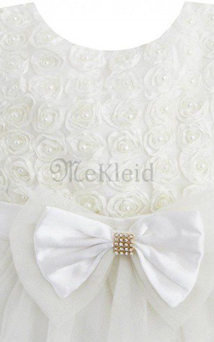 A-Line Schaufel-Ausschnitt Kurzes Blumenmädchenkleid mit Perlen mit Schmetterlingsknoten