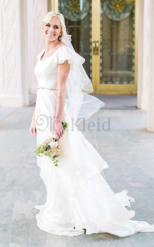 A linie Ärmellos Romantisches Brautkleid mit Rüschen mit Kurzen Ärmeln