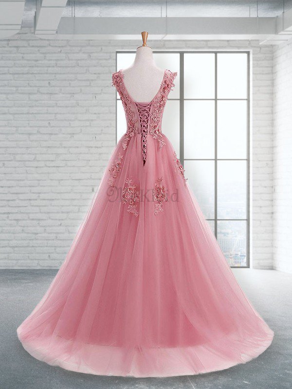 A-Linie Tüll Prinzessin Normale Taille Hell Ärmelloses Abendkleid mit Applikation